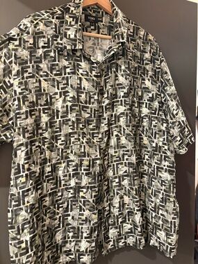 Fendi Short-Sleeve Logo Print Button-Down in Black, Gray & Cream